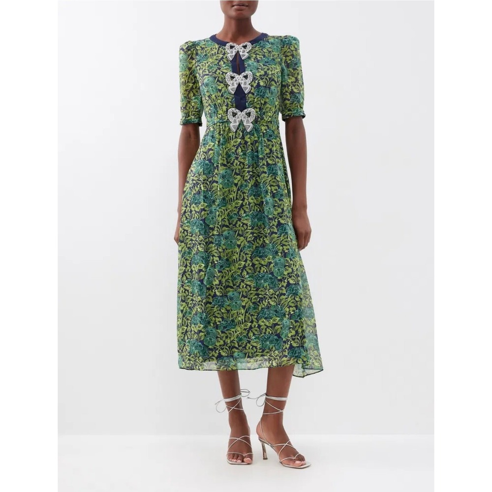 SALONI Jamie Crystal Beaded Bow Midi Dress Green Floral Silk Short Sleeve Size 6